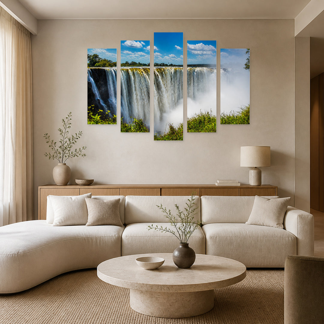 Victoria Falls with Dramatic Contrast — five-panel wall art in alternate frontal interior | 5wallart 54142 M4