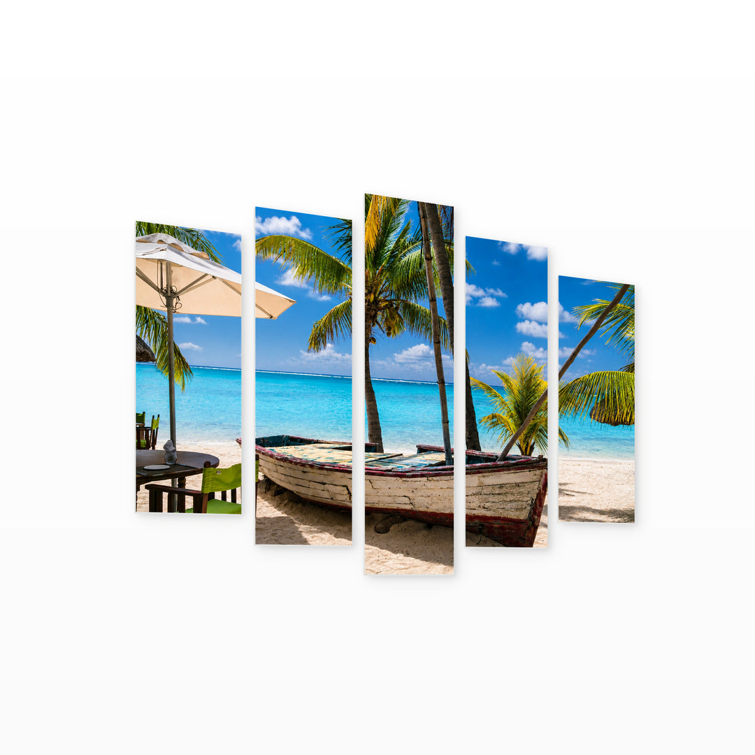 Boat in Cuba in Blue and Gold — five-panel wall art on white background in perspective | 5wallart 54143 M1