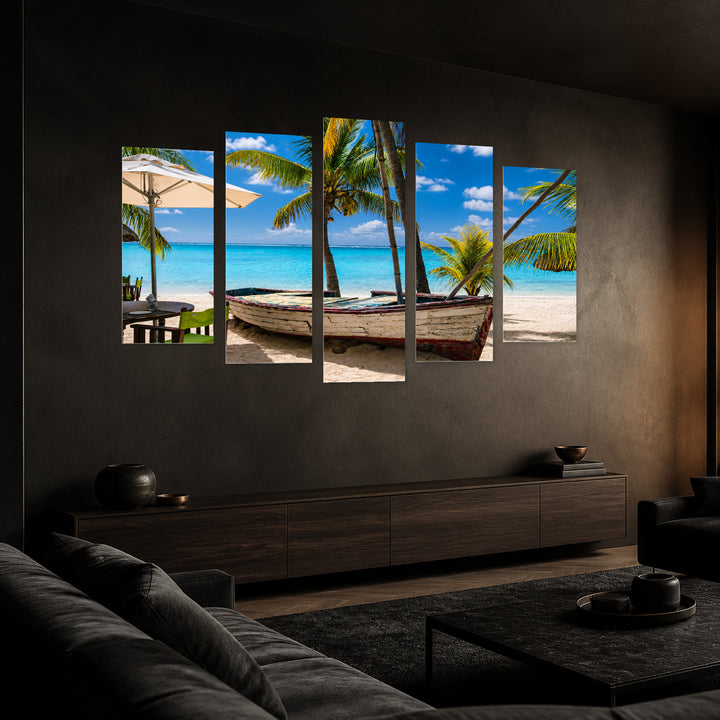 Boat in Cuba in Blue and Gold — five-panel wall art in perspective interior | 5wallart 54143 M2