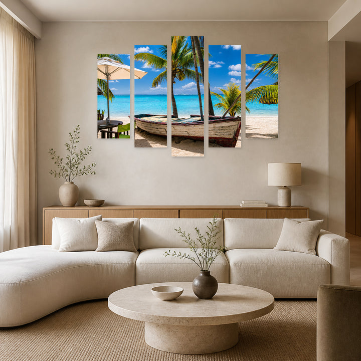 Boat in Cuba in Blue and Gold — five-panel wall art in frontal interior | 5wallart 54143 M3