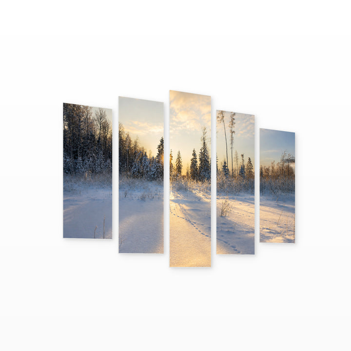 Footsteps in the Snow in Winter — five-panel wall art on white background in perspective | 5wallart 54144 M1