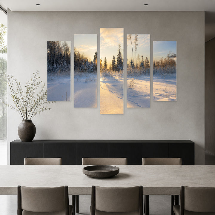 Footsteps in the Snow in Winter — five-panel wall art in frontal interior | 5wallart 54144 M3