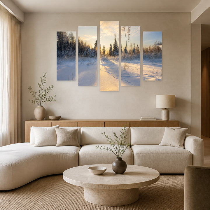 Footsteps in the Snow in Winter — five-panel wall art in alternate frontal interior | 5wallart 54144 M4