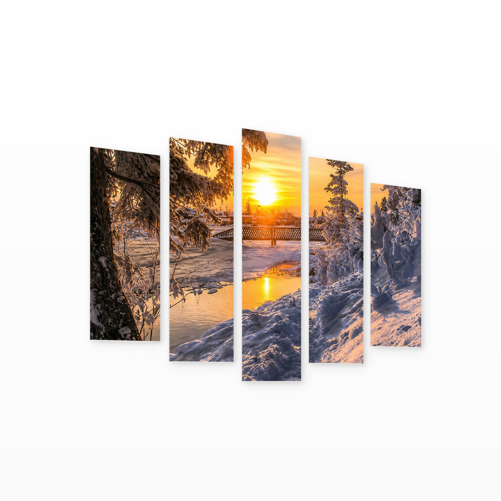 Golden Winter Landscape Sunset — five-panel wall art on white background in perspective | 5wallart 54146 M1