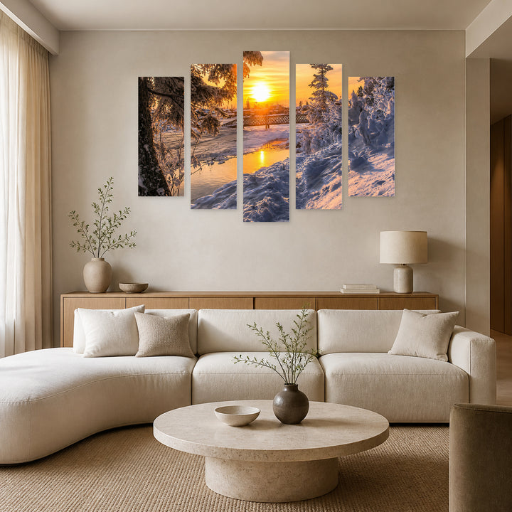 Golden Winter Landscape Sunset — five-panel wall art in alternate frontal interior | 5wallart 54146 M4