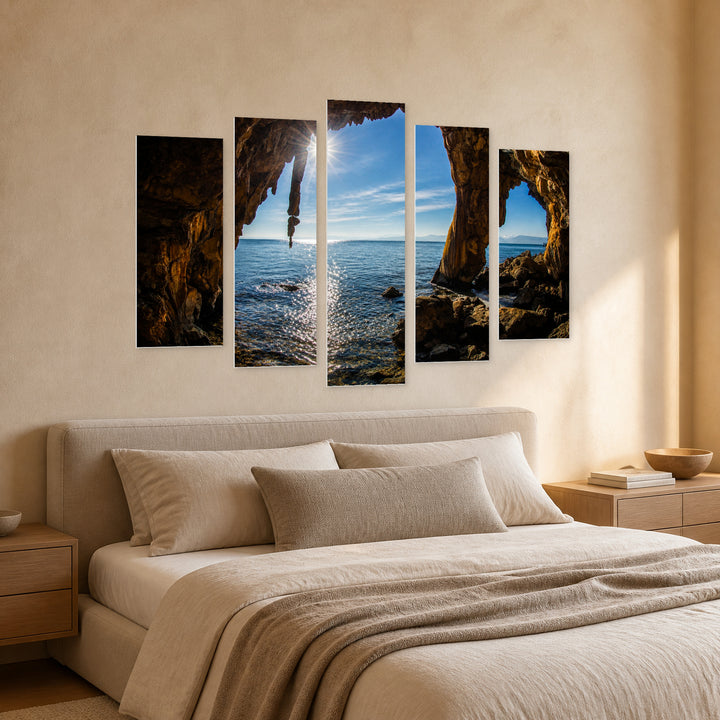 Shore in Greece in Serene Light — five-panel wall art in perspective interior | 5wallart 54147 M2