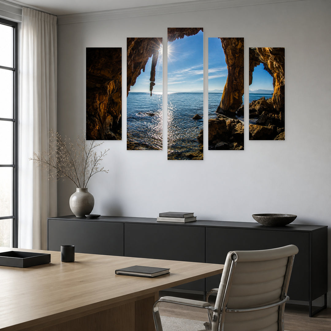 Shore in Greece in Serene Light — five-panel wall art in alternate frontal interior | 5wallart 54147 M4