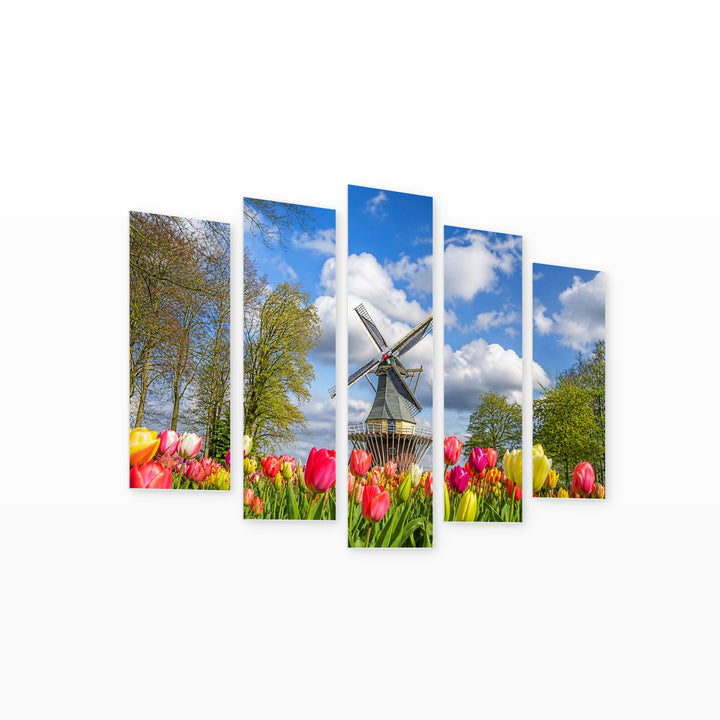Tulips and Windmill in Vivid Color — five-panel wall art on white background in perspective | 5wallart 54148 M1