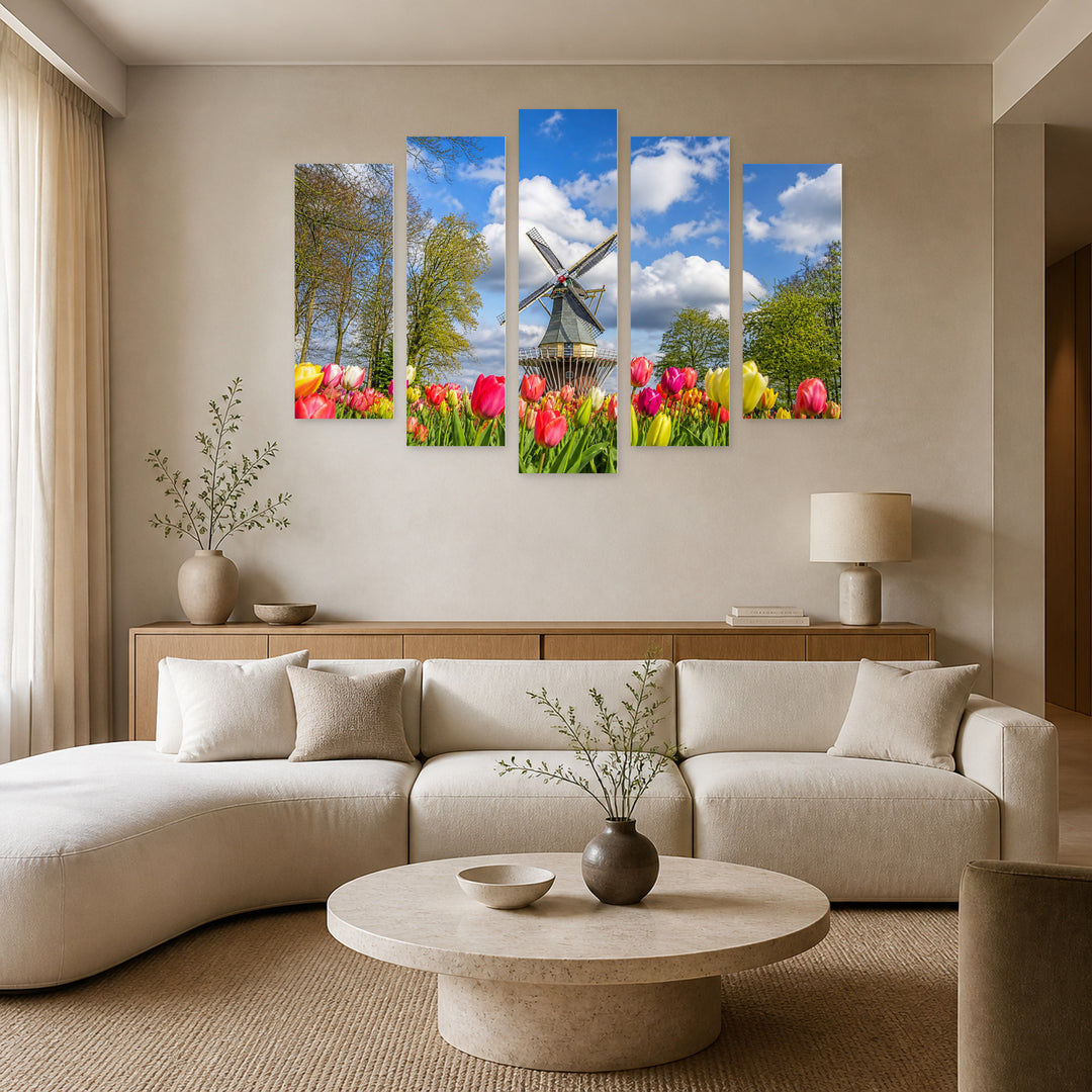 Tulips and Windmill in Vivid Color — five-panel wall art in alternate frontal interior | 5wallart 54148 M4
