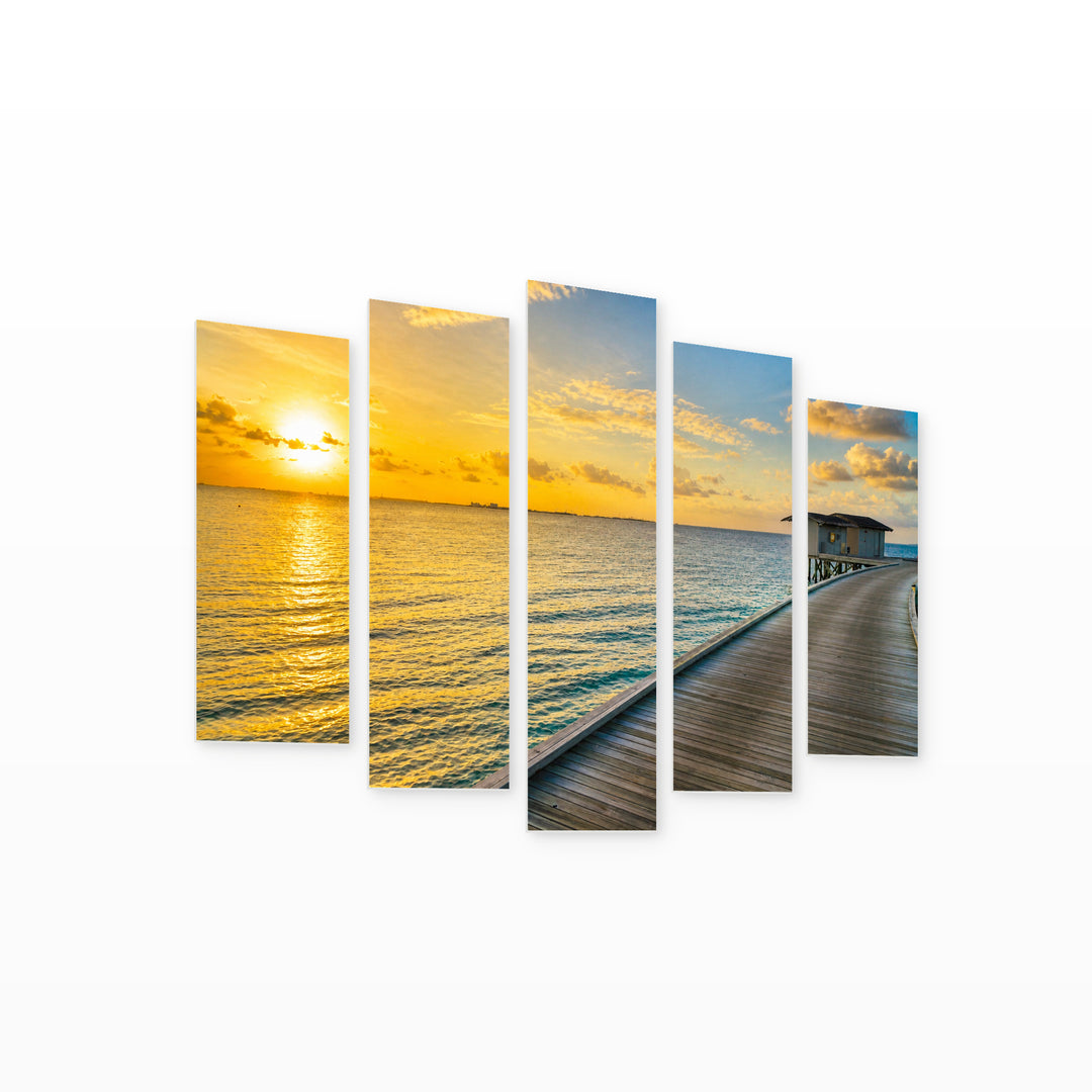 Golden Sunset over Pier — five-panel wall art on white background in perspective | 5wallart 54152 M1