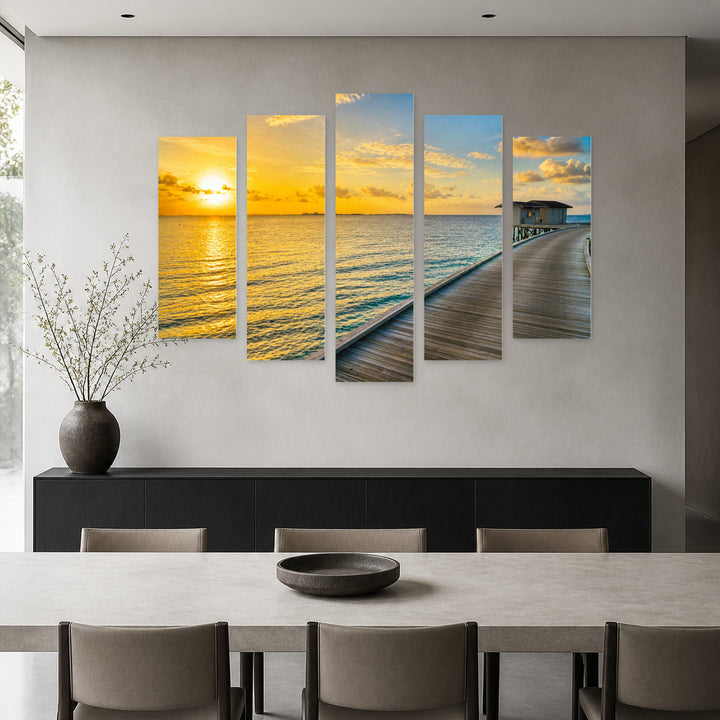 Golden Sunset over Pier — five-panel wall art in frontal interior | 5wallart 54152 M3