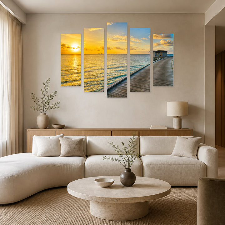 Golden Sunset over Pier — five-panel wall art in alternate frontal interior | 5wallart 54152 M4