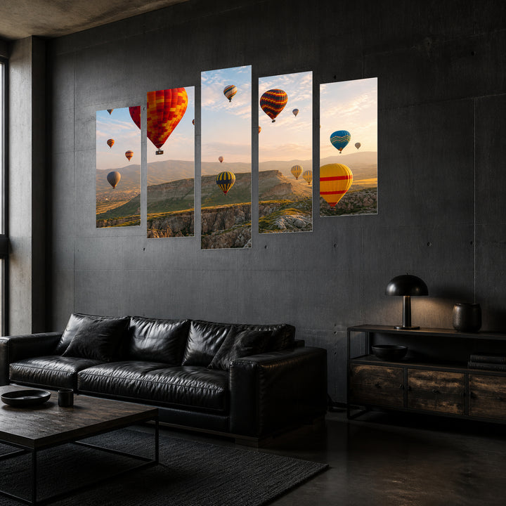 Hot Air Balloon Flight in Turkey at Sunrise — five-panel wall art in perspective interior | 5wallart 54154 M2