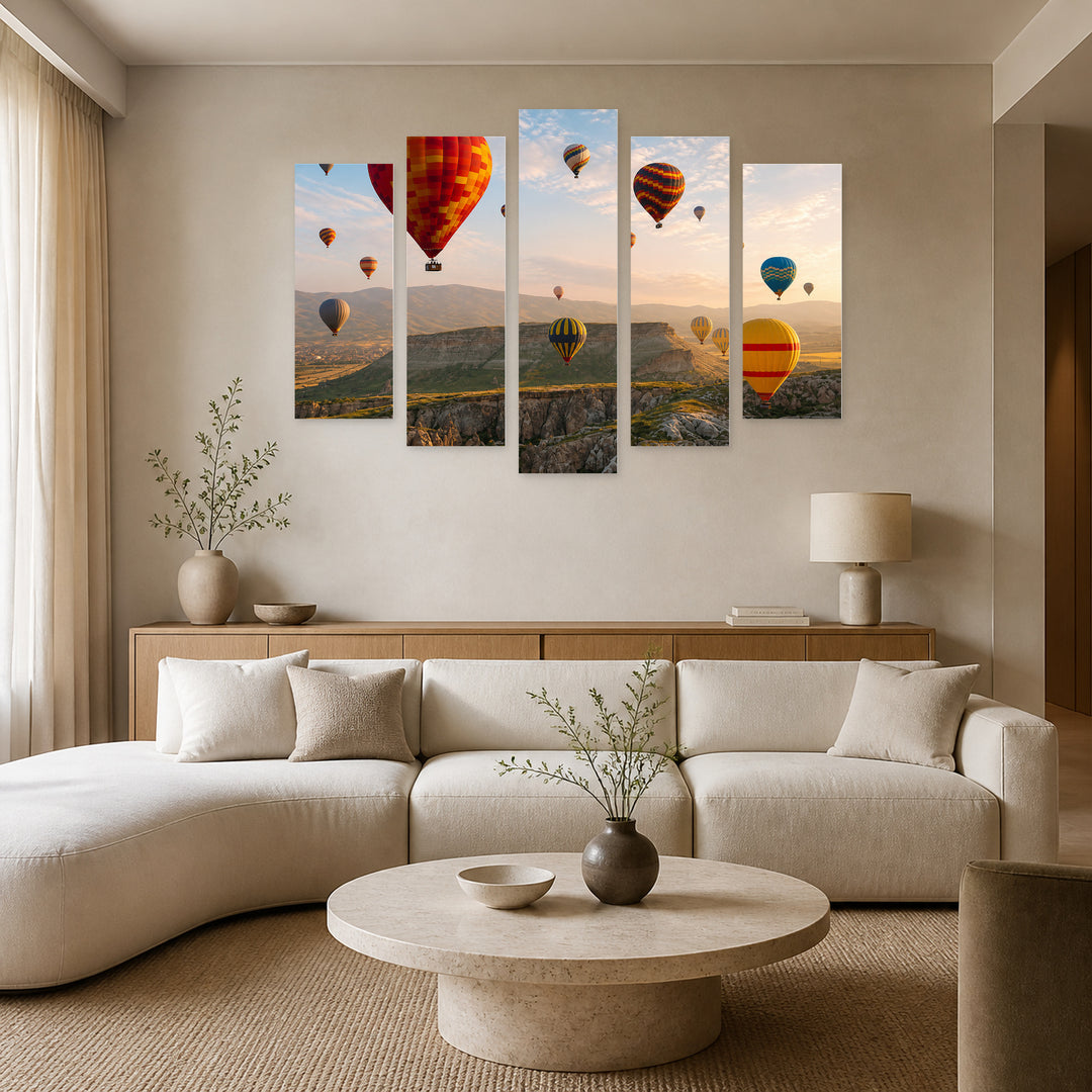 Hot Air Balloon Flight in Turkey at Sunrise — five-panel wall art in alternate frontal interior | 5wallart 54154 M4