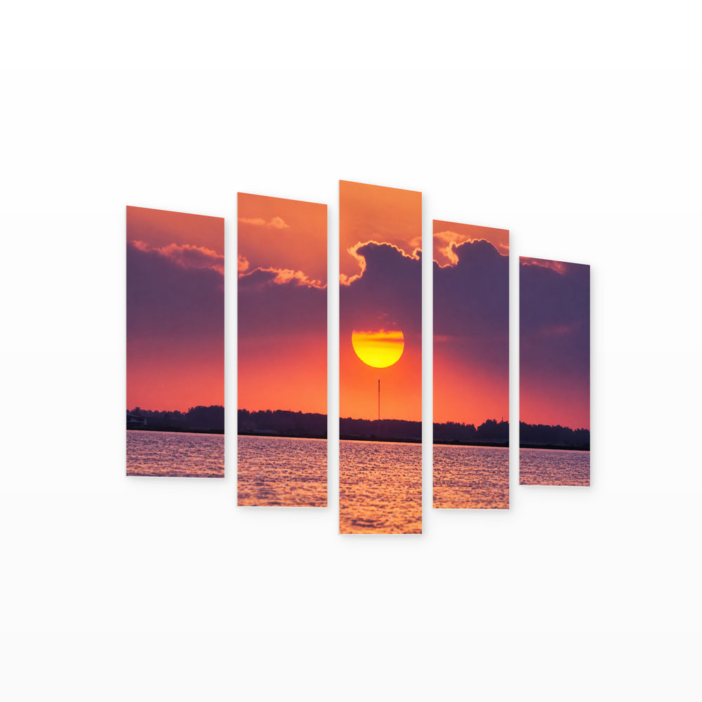 Golden Purple Sunset — five-panel wall art on white background in perspective | 5wallart 54157 M1
