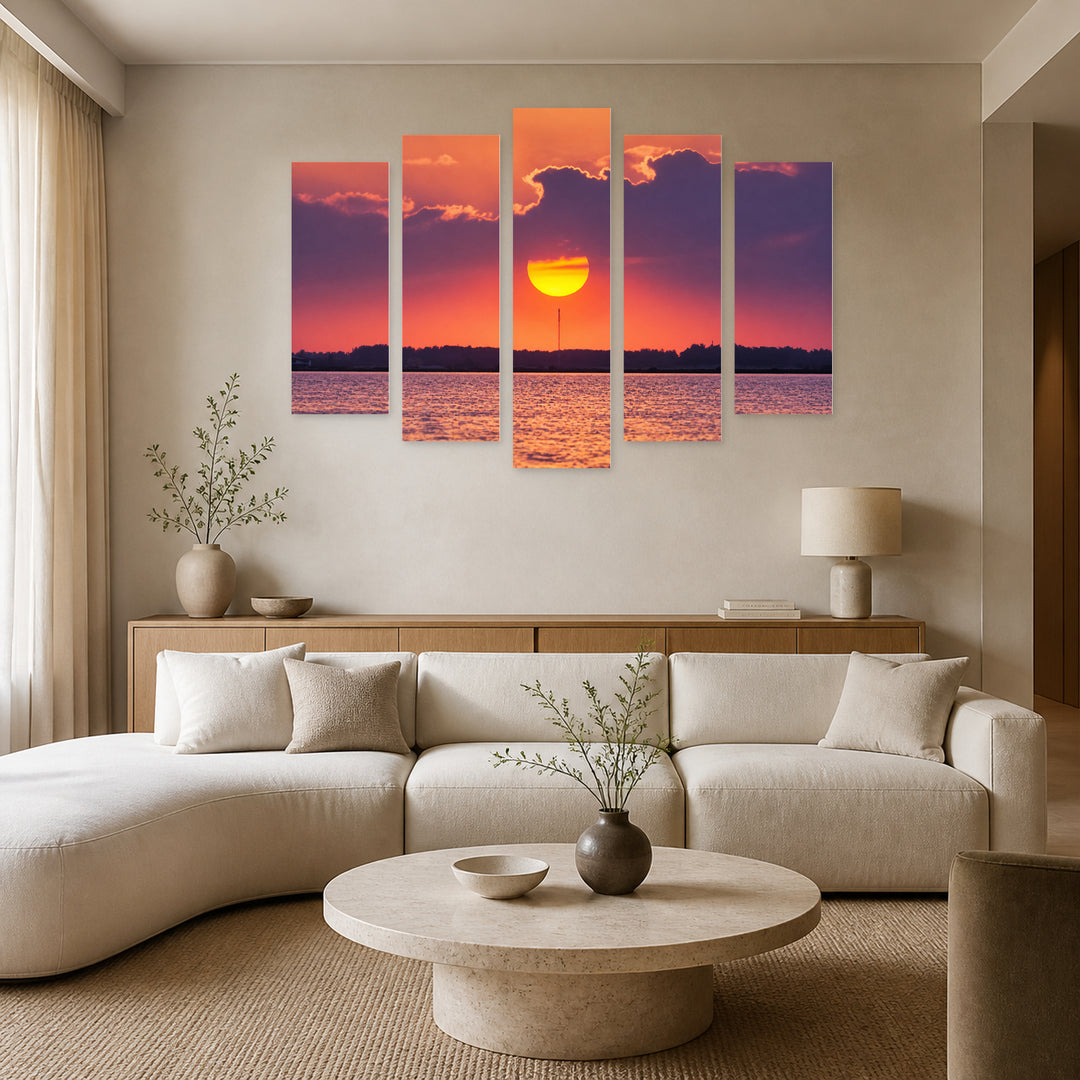 Golden Purple Sunset — five-panel wall art in frontal interior | 5wallart 54157 M3
