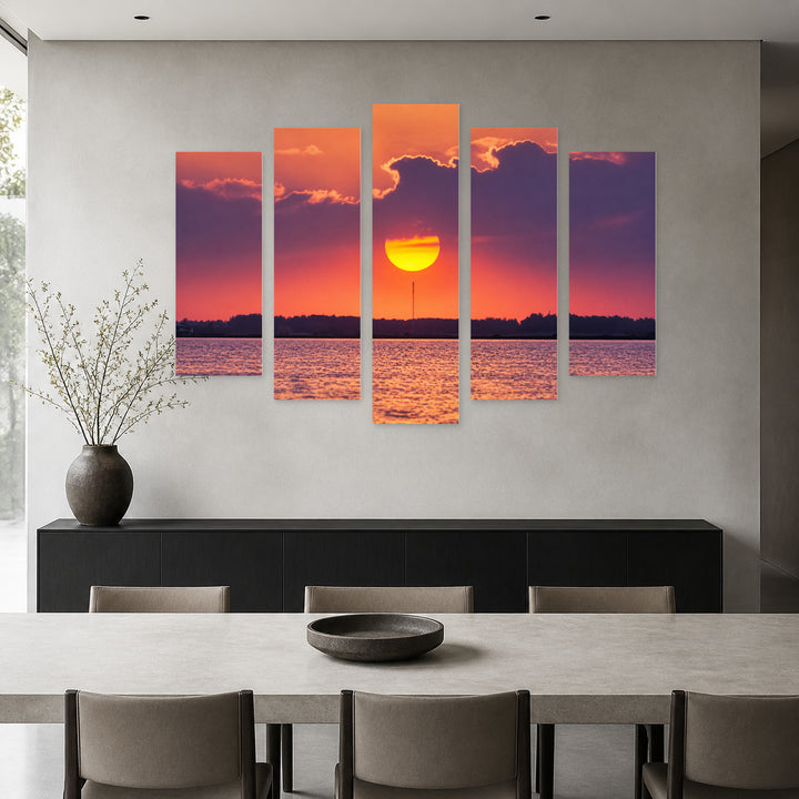 Golden Purple Sunset — five-panel wall art in alternate frontal interior | 5wallart 54157 M4