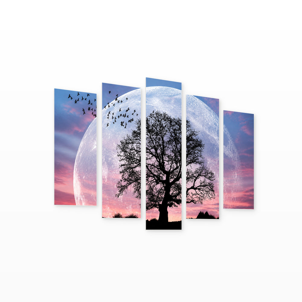 Tree in a Moonlit Landscape in Serene Light — five-panel wall art on white background in perspective | 5wallart 54158 M1