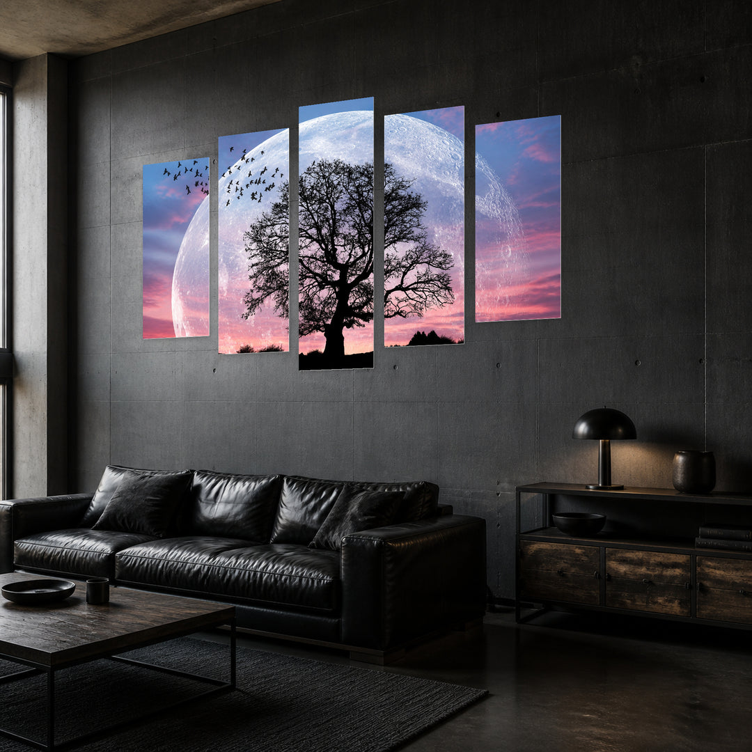 Tree in a Moonlit Landscape in Serene Light — five-panel wall art in perspective interior | 5wallart 54158 M2