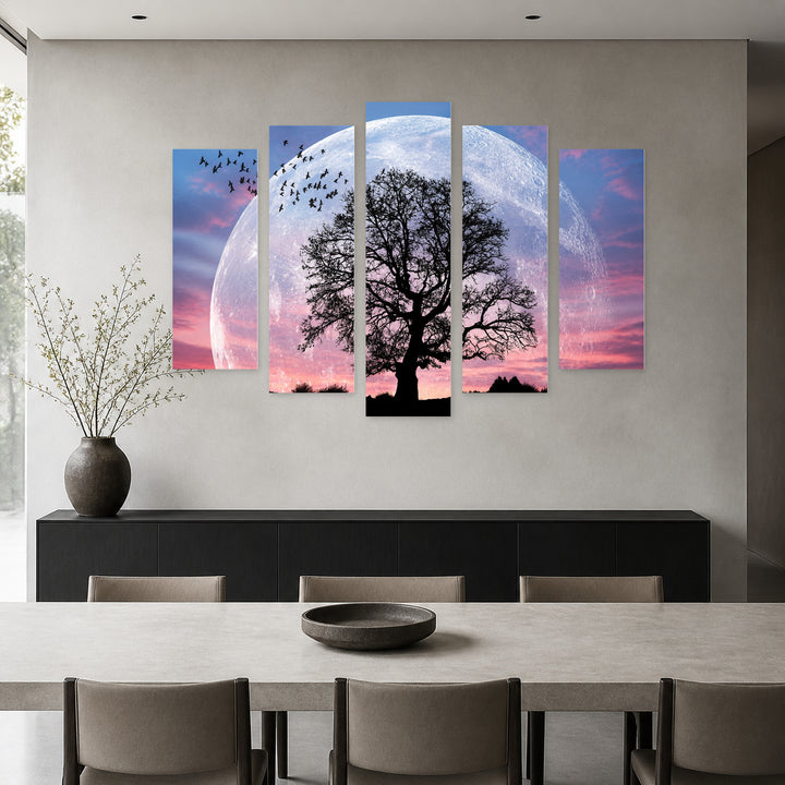 Tree in a Moonlit Landscape in Serene Light — five-panel wall art in frontal interior | 5wallart 54158 M3