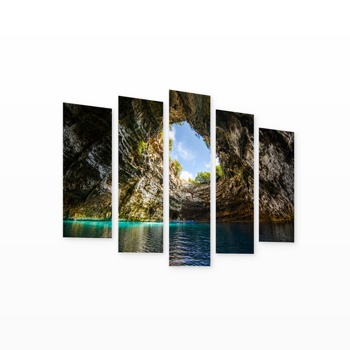 Lake in a Cave in Serene Light — five-panel wall art on white background in perspective | 5wallart 54163 M1