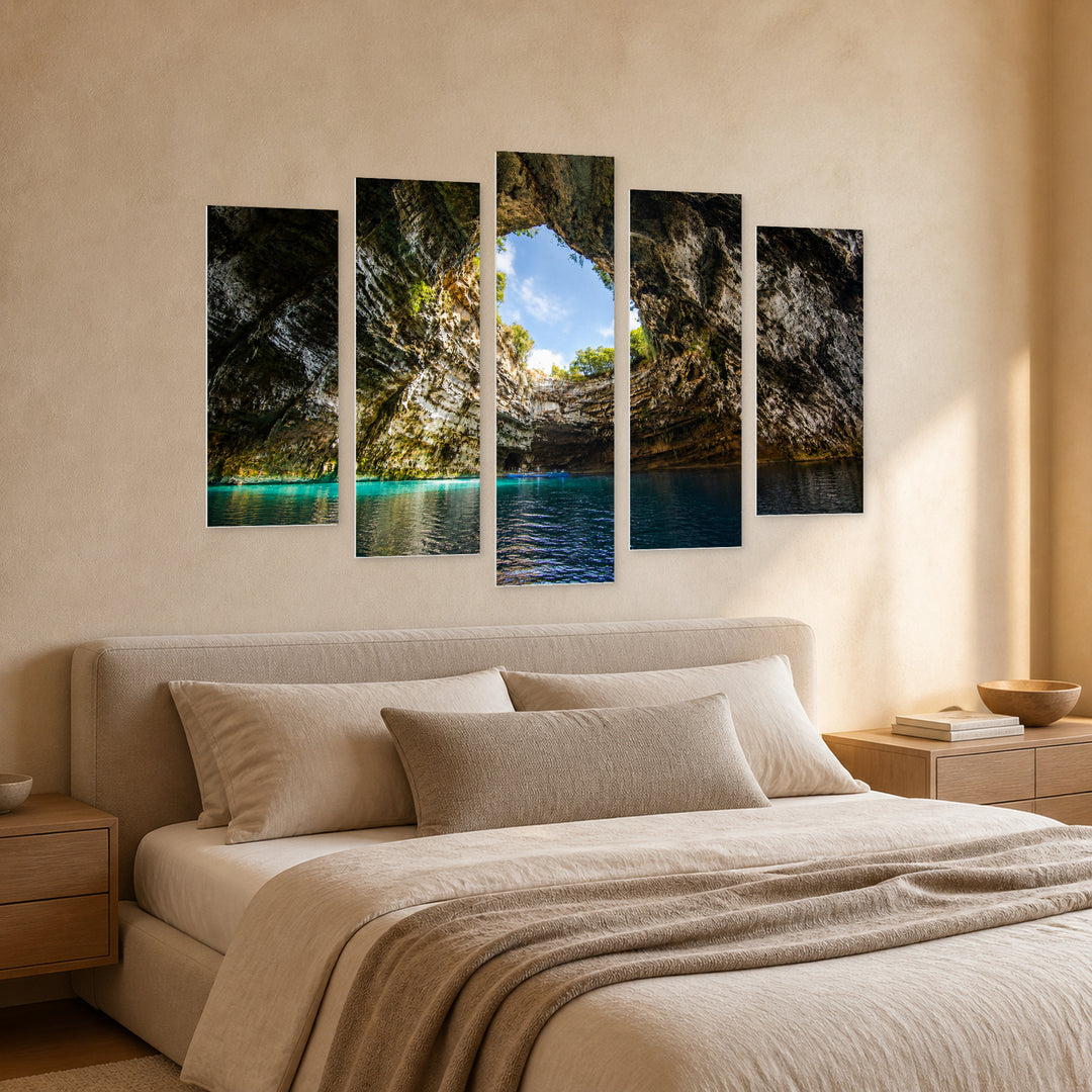 Lake in a Cave in Serene Light — five-panel wall art in perspective interior | 5wallart 54163 M2