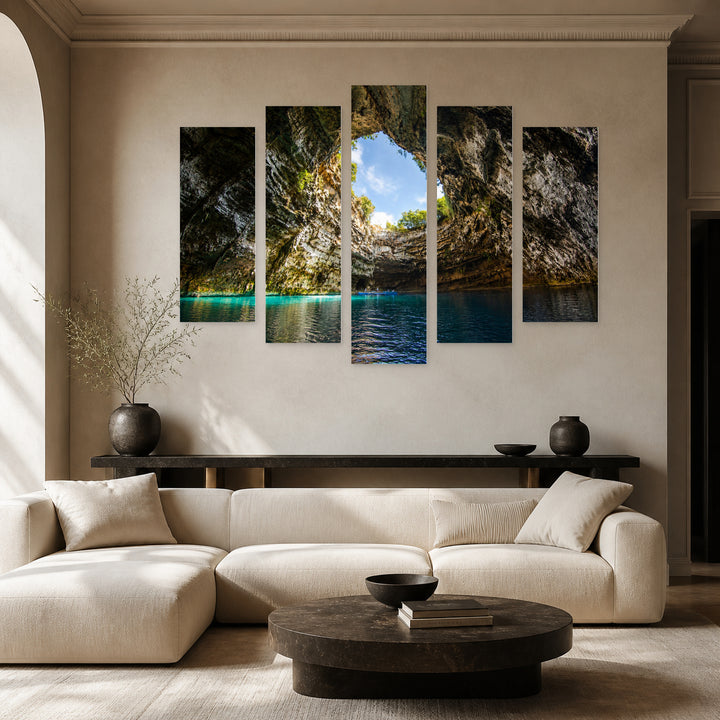 Lake in a Cave in Serene Light — five-panel wall art in frontal interior | 5wallart 54163 M3