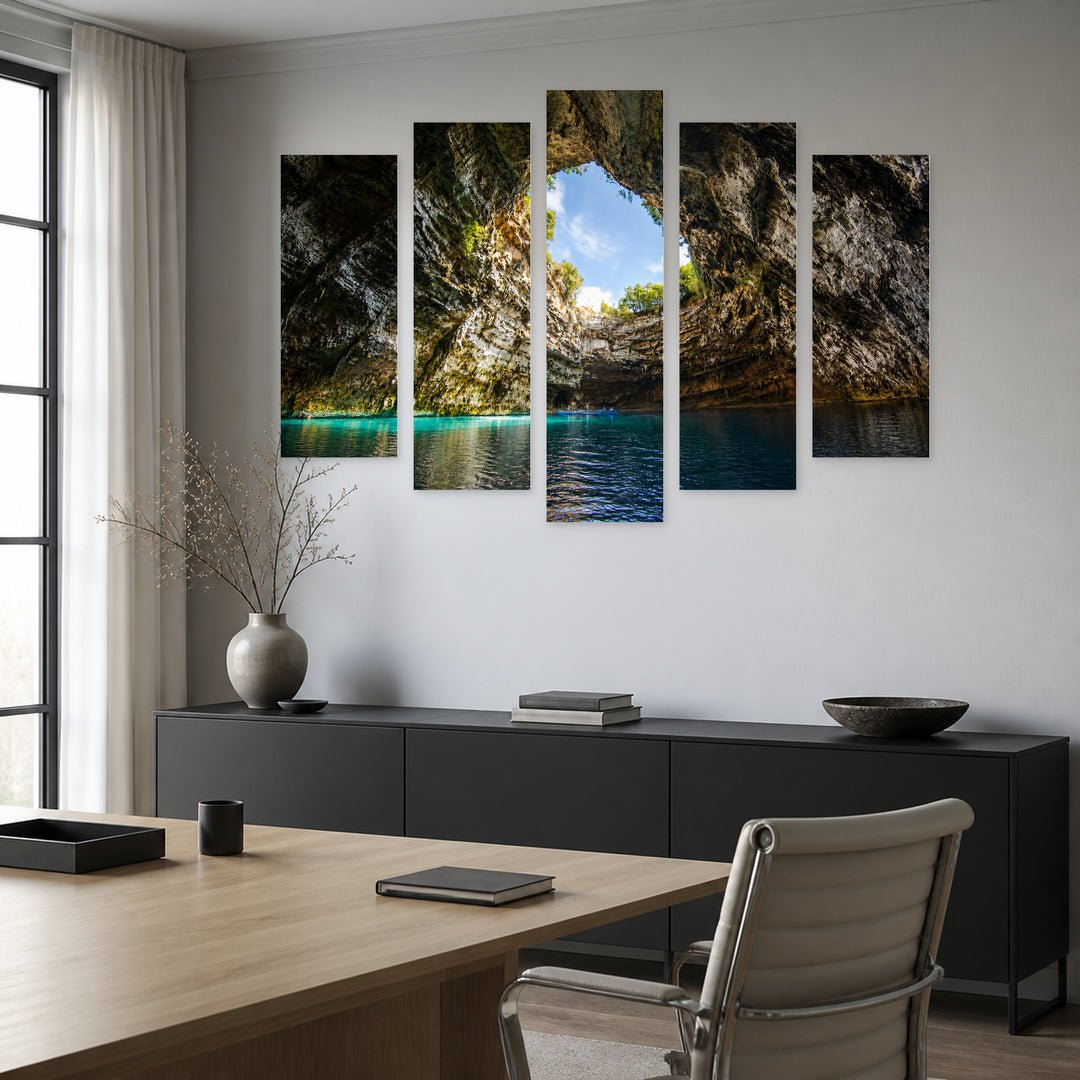 Lake in a Cave in Serene Light — five-panel wall art in alternate frontal interior | 5wallart 54163 M4