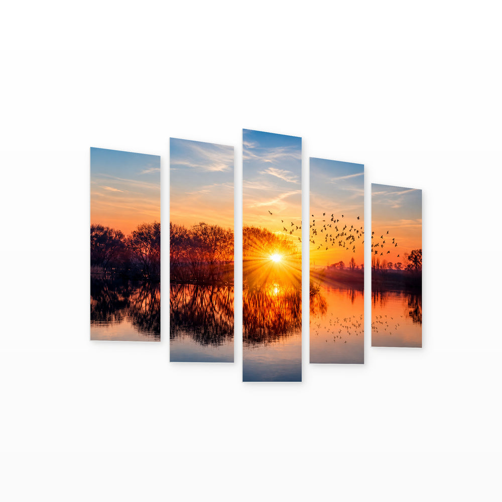 Lake and Birds Sunset Glow — five-panel wall art on white background in perspective | 5wallart 54164 M1