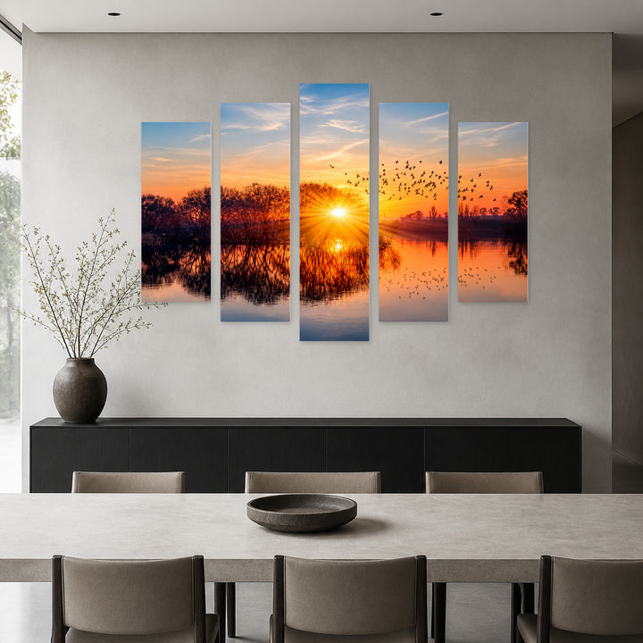 Lake and Birds Sunset Glow — five-panel wall art in frontal interior | 5wallart 54164 M3