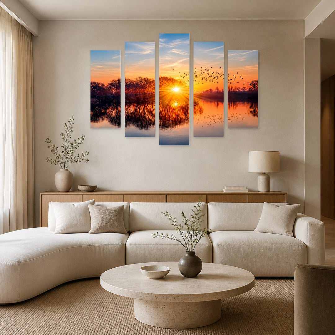 Lake and Birds Sunset Glow — five-panel wall art in alternate frontal interior | 5wallart 54164 M4