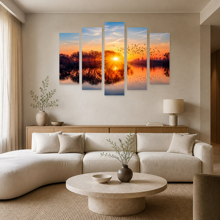 Lake and Birds Sunset Glow — five-panel wall art in alternate frontal interior | 5wallart 54164 M4