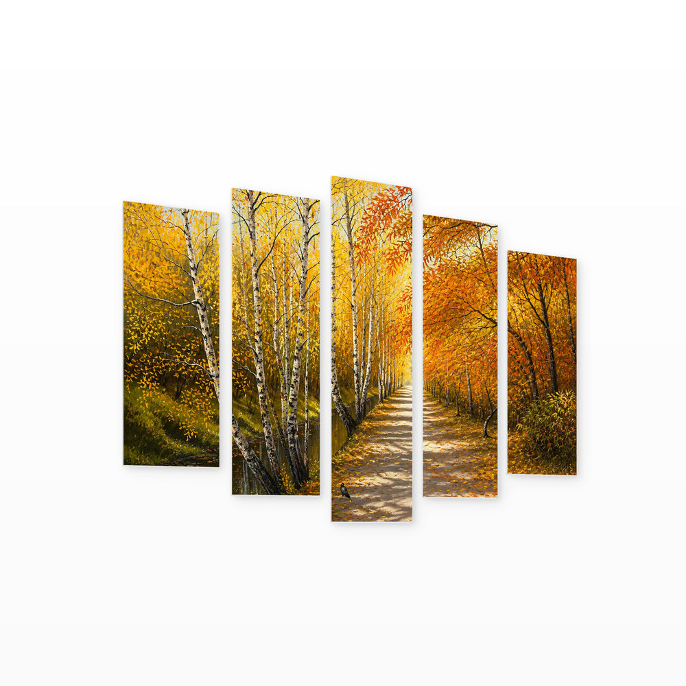 Autumn Path in Serene Light — five-panel wall art on white background in perspective | 5wallart 54165 M1