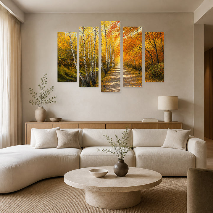 Autumn Path in Serene Light — five-panel wall art in frontal interior | 5wallart 54165 M3