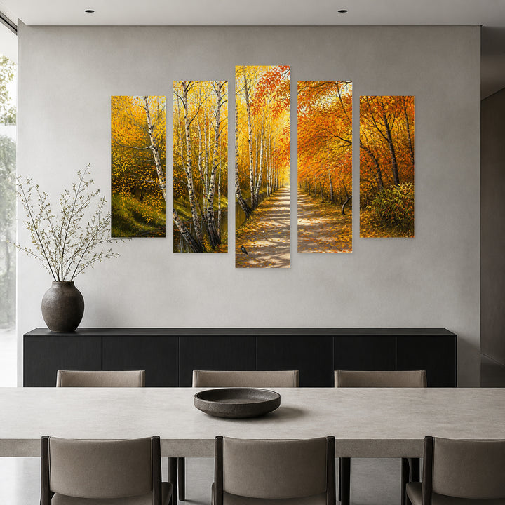 Autumn Path in Serene Light — five-panel wall art in alternate frontal interior | 5wallart 54165 M4