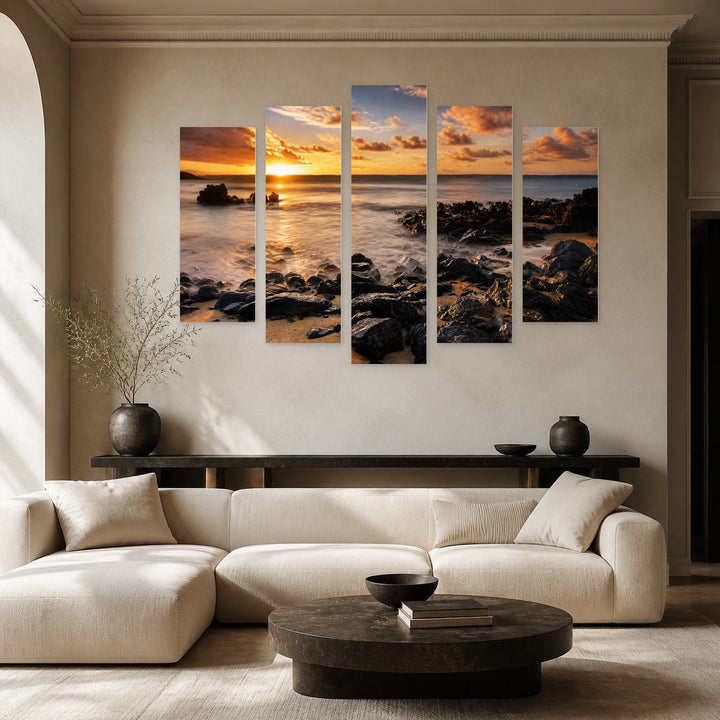 Rocky Shore in Serene Light — five-panel wall art in frontal interior | 5wallart 54167 M3