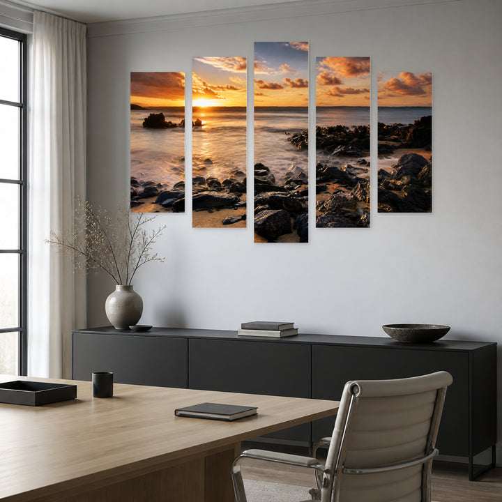 Rocky Shore in Serene Light — five-panel wall art in alternate frontal interior | 5wallart 54167 M4