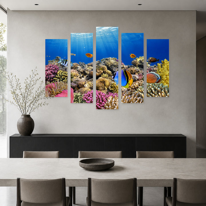Sea Creatures in Blue and Gold — five-panel wall art in frontal interior | 5wallart 54168 M3