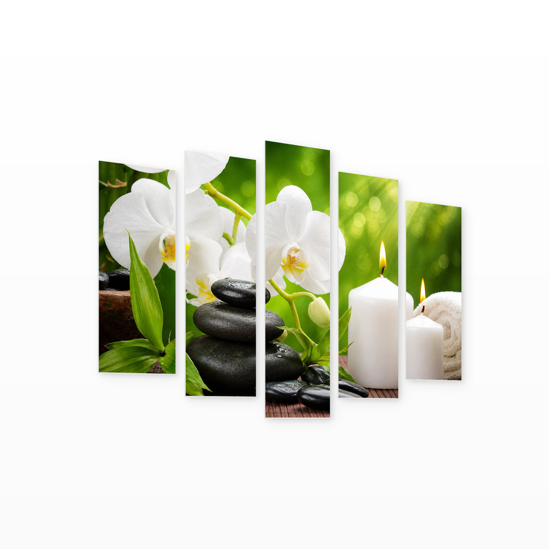 White Flowers and Candles with Geometric Rhythm — five-panel wall art on white background in perspective | 5wallart 54169 M1