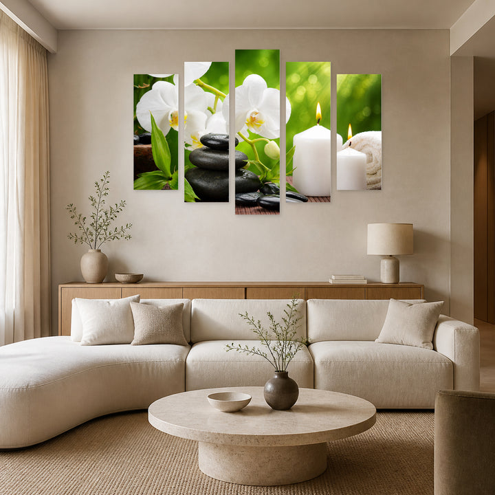 White Flowers and Candles with Geometric Rhythm — five-panel wall art in frontal interior | 5wallart 54169 M3