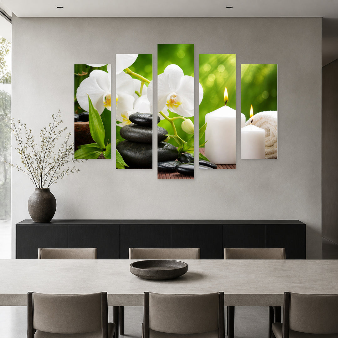 White Flowers and Candles with Geometric Rhythm — five-panel wall art in alternate frontal interior | 5wallart 54169 M4