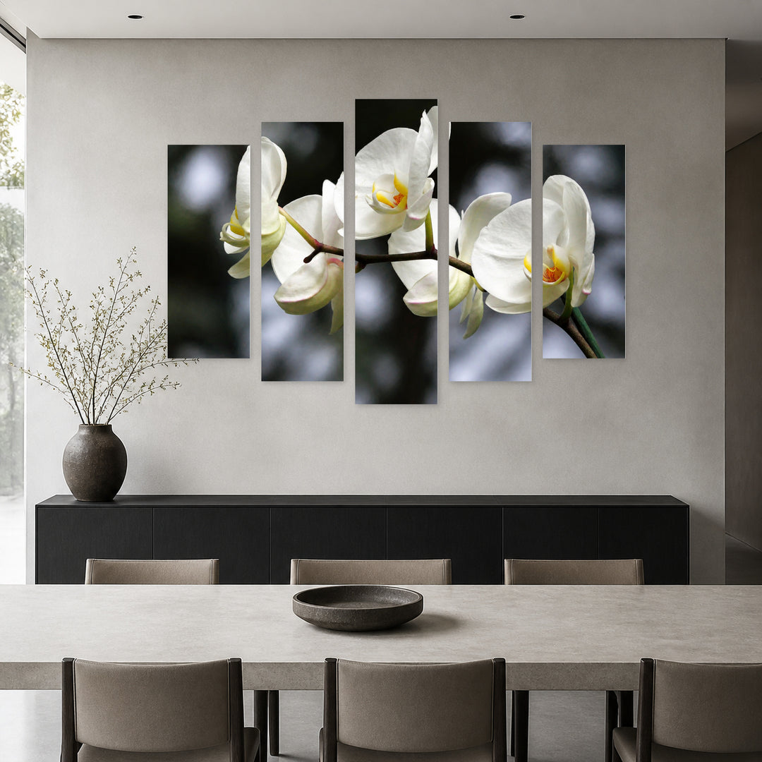 White Flowers in Serene Light — five-panel wall art in frontal interior | 5wallart 54170 M3