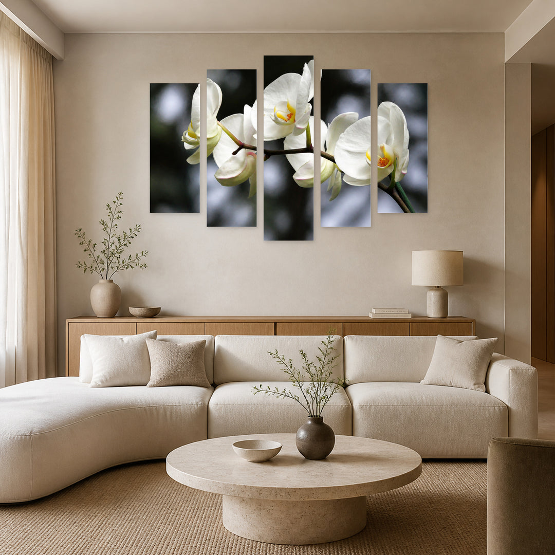 White Flowers in Serene Light — five-panel wall art in alternate frontal interior | 5wallart 54170 M4