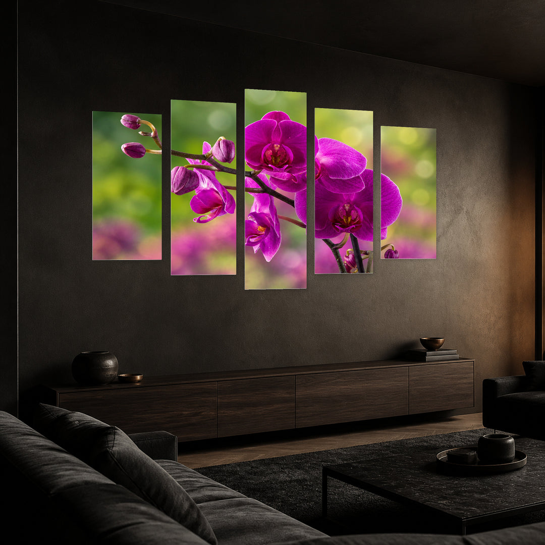 Purple Orchid with Dreamlike Atmosphere — five-panel wall art in perspective interior | 5wallart 54171 M2