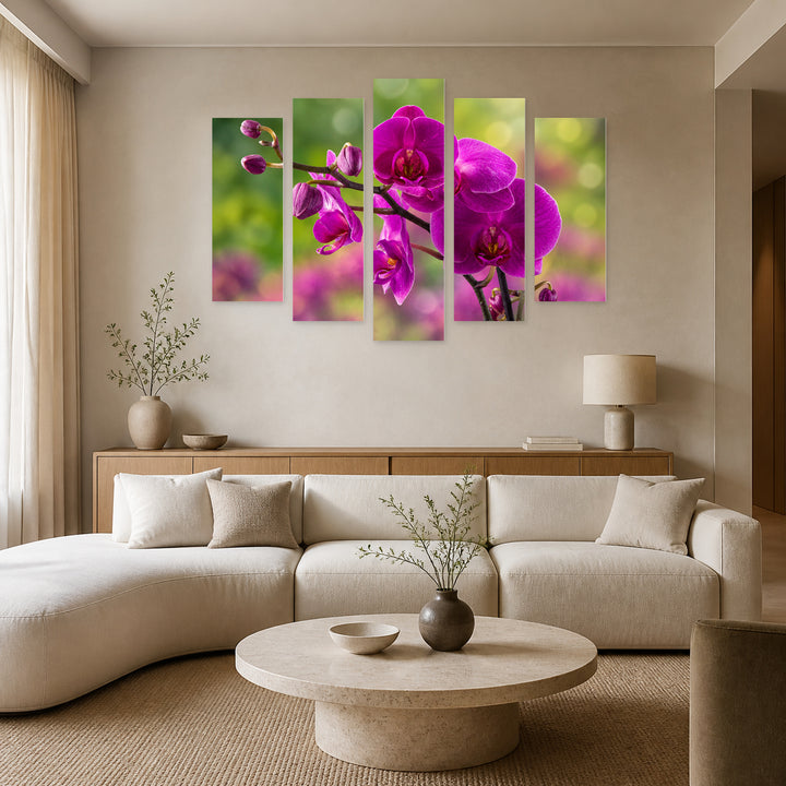 Purple Orchid with Dreamlike Atmosphere — five-panel wall art in frontal interior | 5wallart 54171 M3