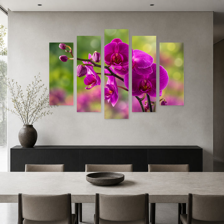 Purple Orchid with Dreamlike Atmosphere — five-panel wall art in alternate frontal interior | 5wallart 54171 M4