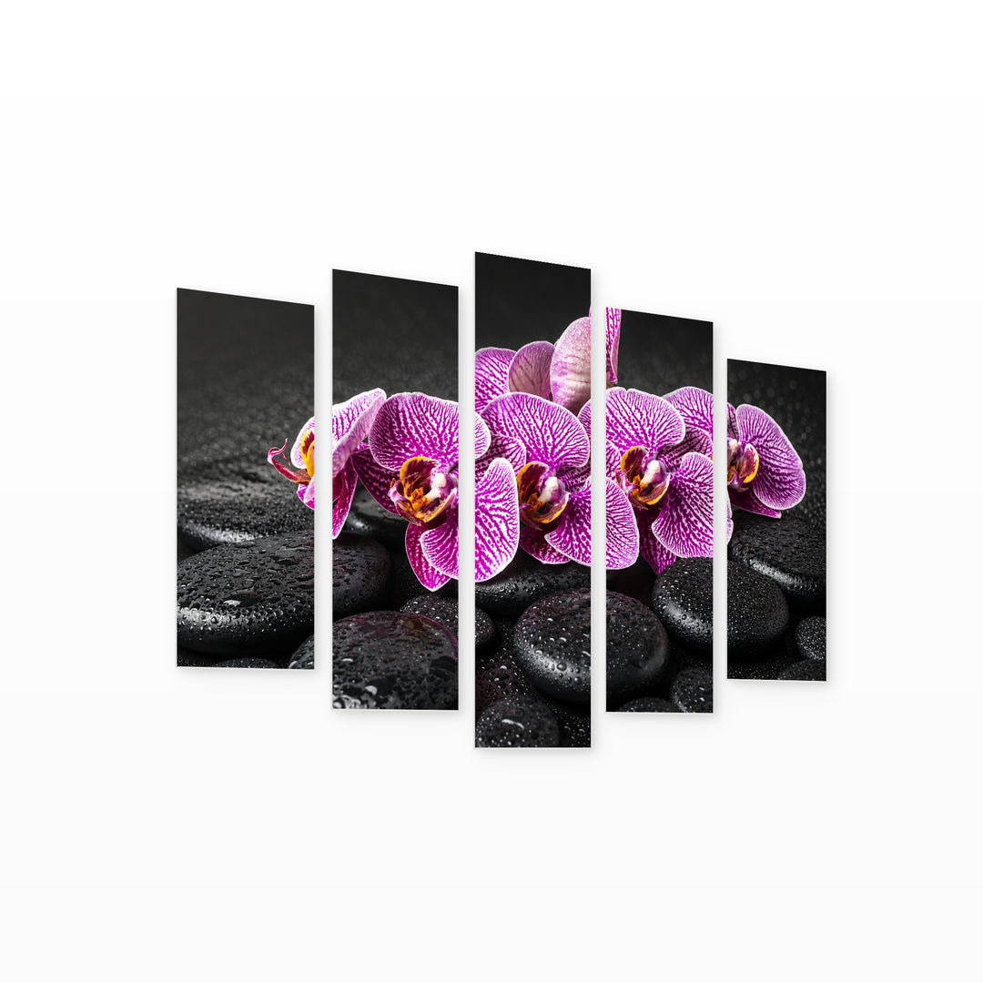 Purple Flowers on Pebbles in Serene Light — five-panel wall art on white background in perspective | 5wallart 54172 M1