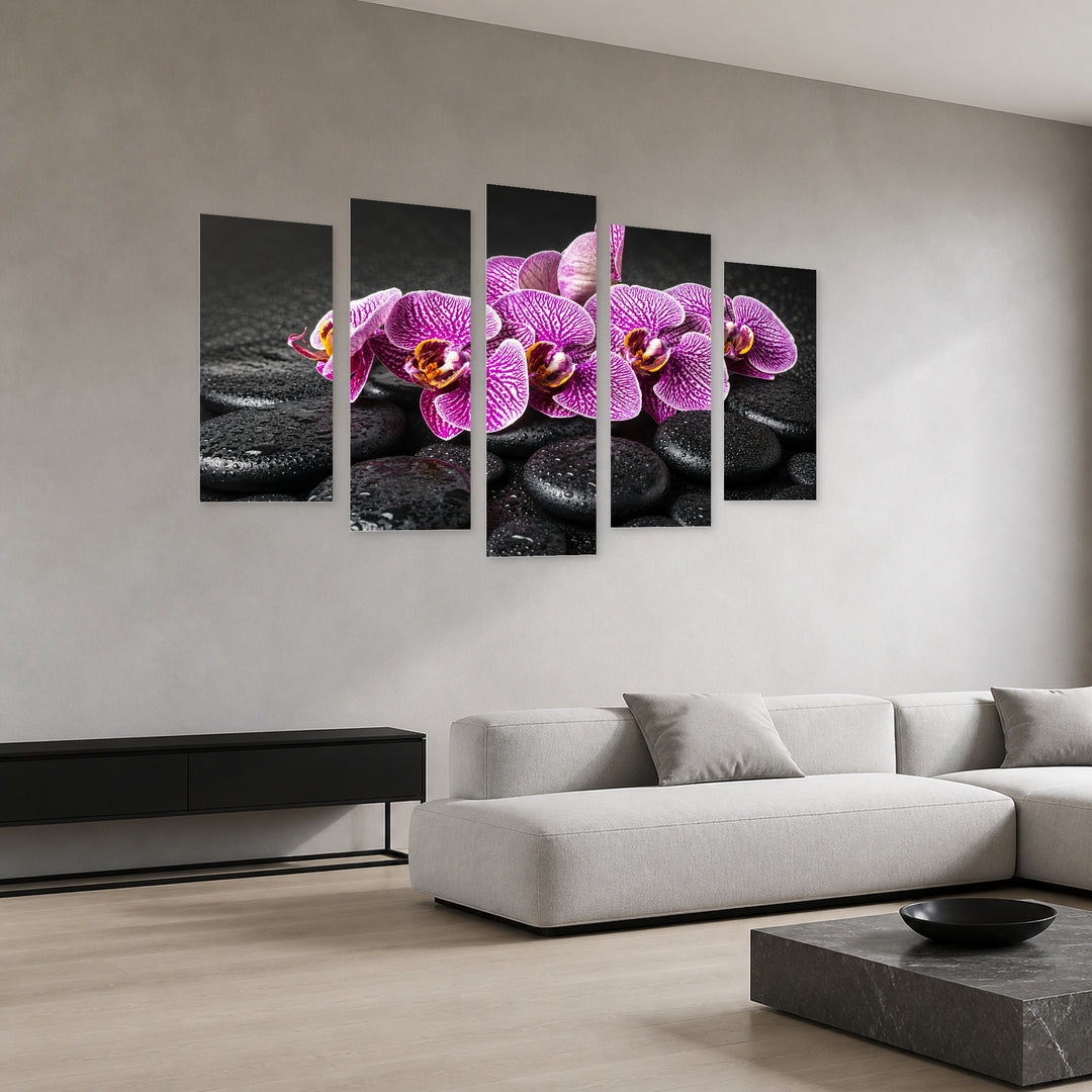 Purple Flowers on Pebbles in Serene Light — five-panel wall art in perspective interior | 5wallart 54172 M2