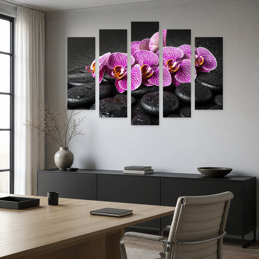 Purple Flowers on Pebbles in Serene Light — five-panel wall art in frontal interior | 5wallart 54172 M3