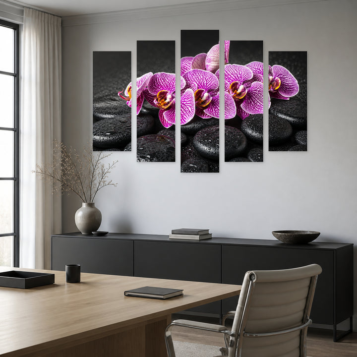 Purple Flowers on Pebbles in Serene Light — five-panel wall art in frontal interior | 5wallart 54172 M3